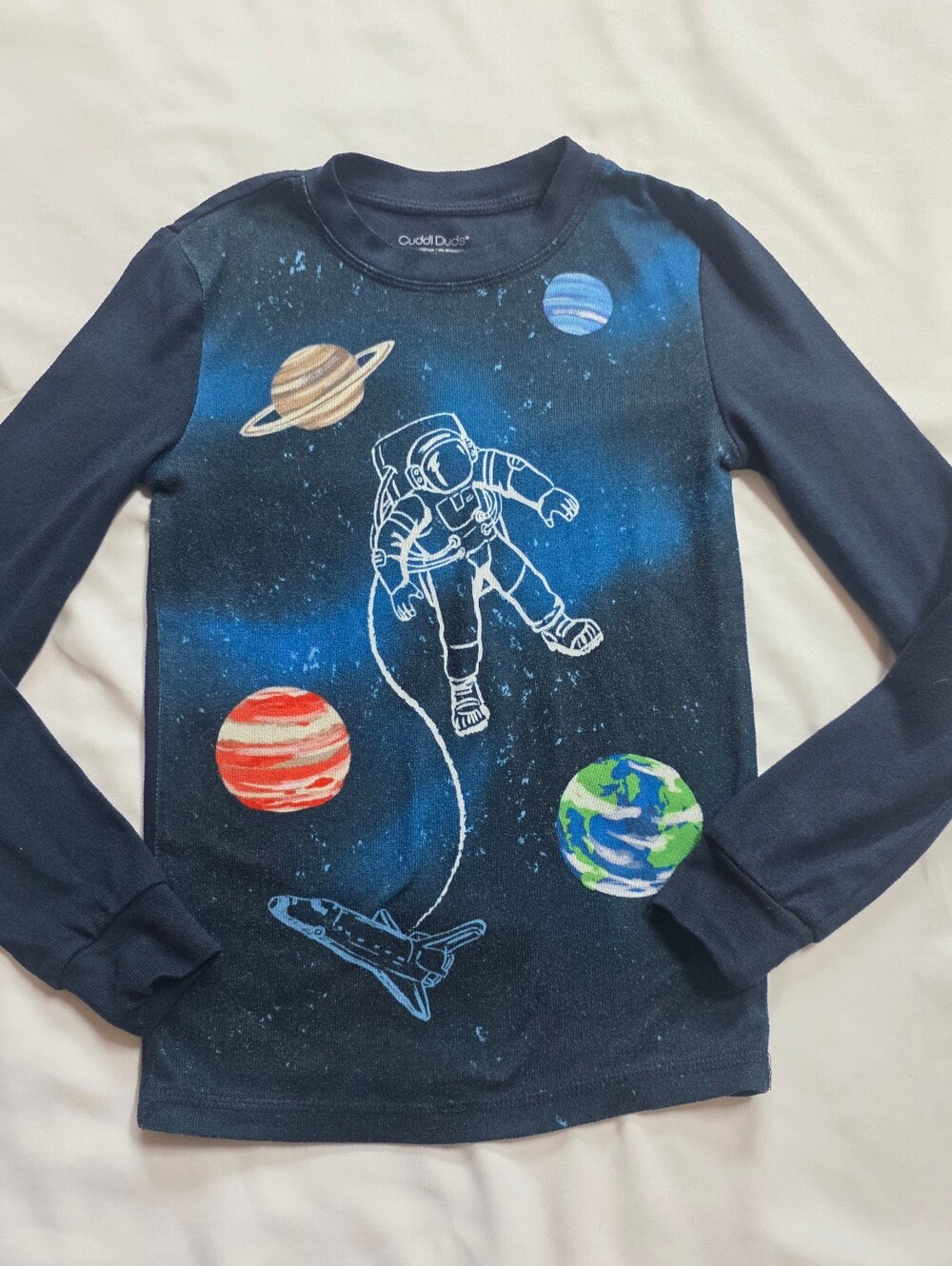 Cuddl Duds Boys Size 10 Space Astronaut Thermal Pajama Top Blue